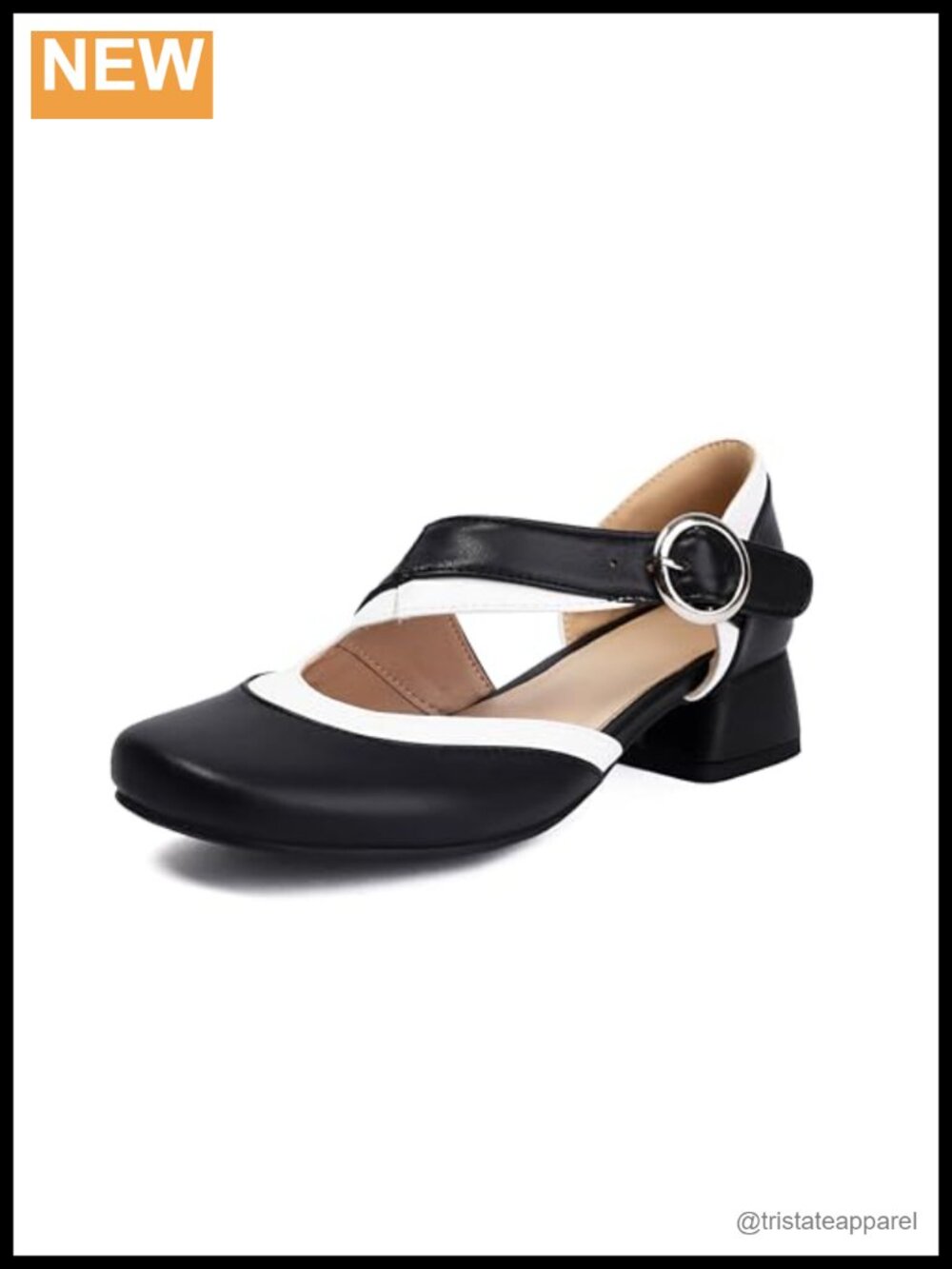 Mary Jane Two Tone Ankle Strap Buckle Closed Round Toe Pumps Chunky Block Low